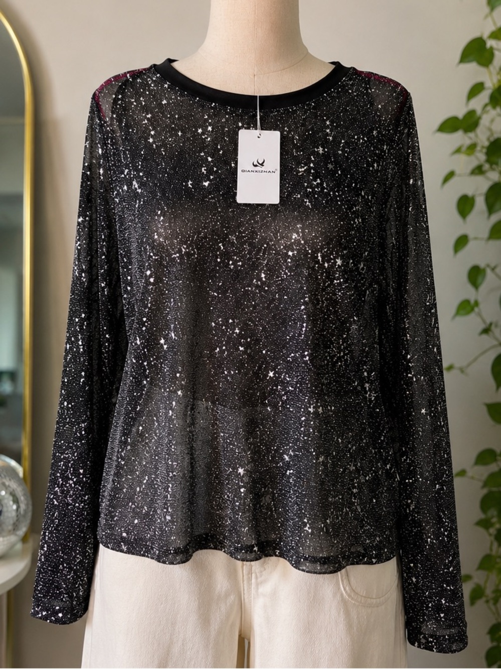 QIANXIZHAN NWT SIZE XL Black Glitter Star Print Mesh Long Sleeve Top Celestial